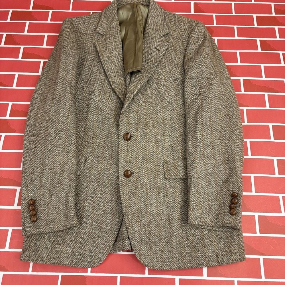 Harris Tweed Blazer Sport Coat Mens L 42R Brown Herringbone Wool Tweed Handwoven